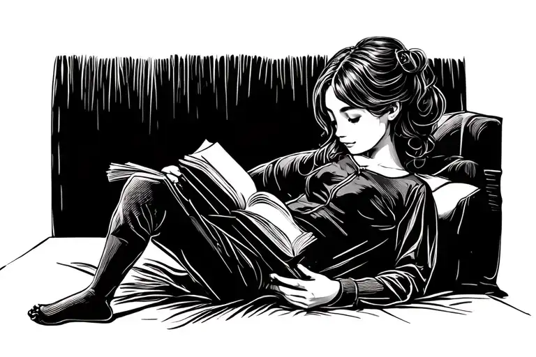 Fine Line Girl Reading Book Lying Down Stick Figure