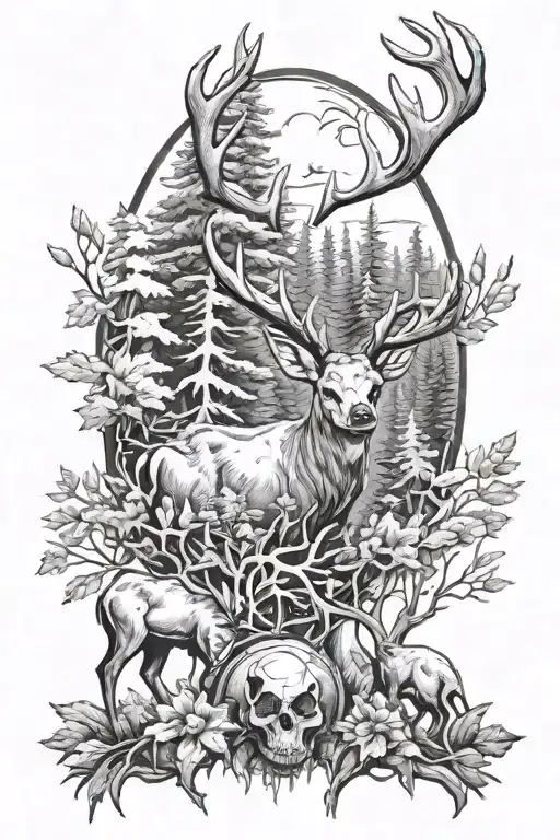 Deer Skull And Bear In Forest Scene