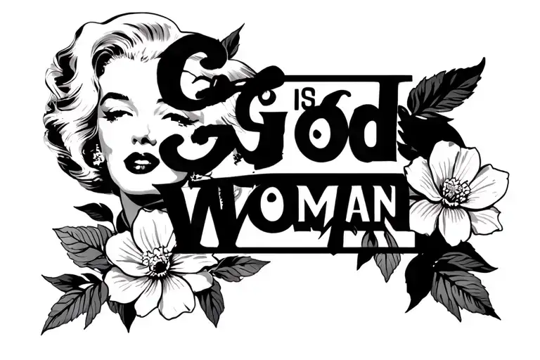 Simple Marilyn Monroe Fine Line Tattoo With The Words God Is A Woman And Flowers