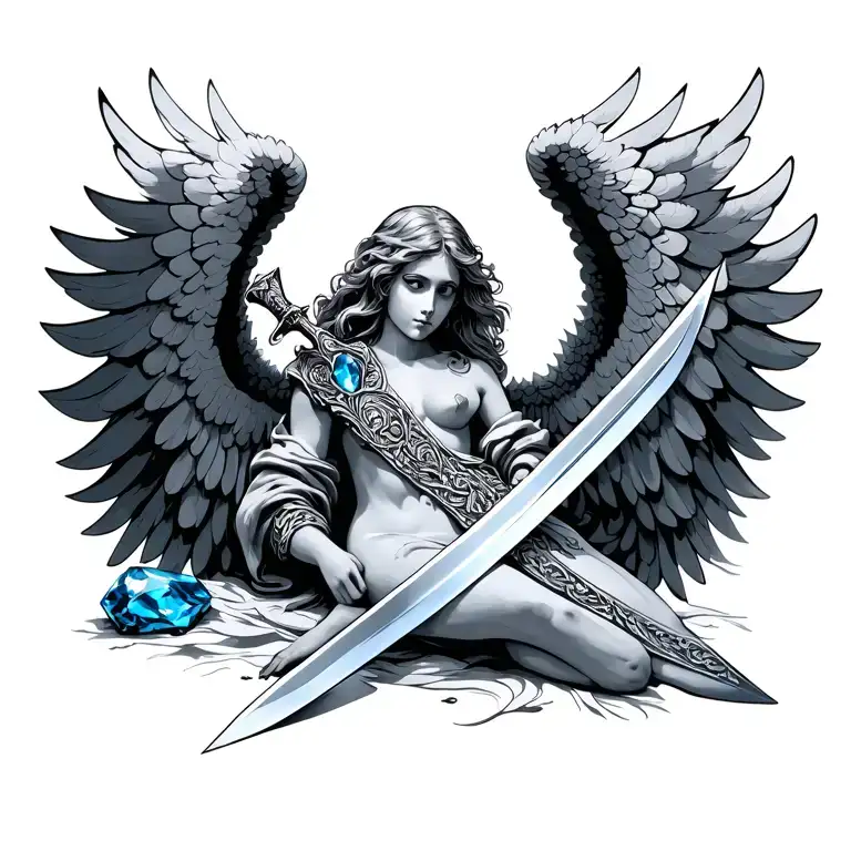 Wings And Sword With Blue Stone Angel Laying