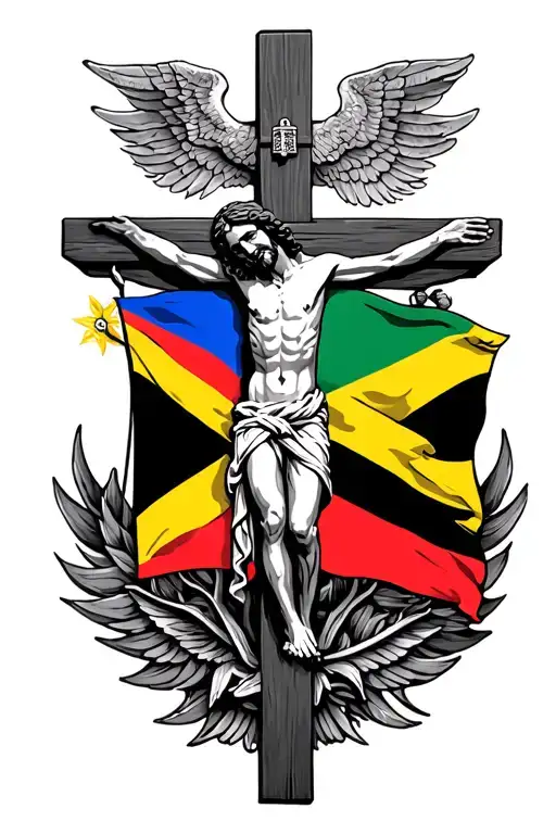 Jesus On Cross Surrounded By Angles And Philippine Flag And Jamaican Flag Mixed
