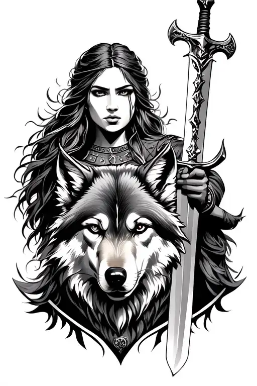 Viking Woman Holding Sword With Wolf Underneath