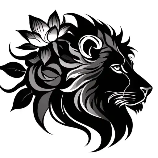 Profile Of Lion Head With A Lotus Intertwined In The Mane