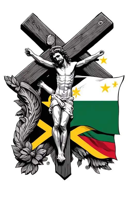 Jesus On Cross And Philippine Flag And Jamaican Flag Mixed