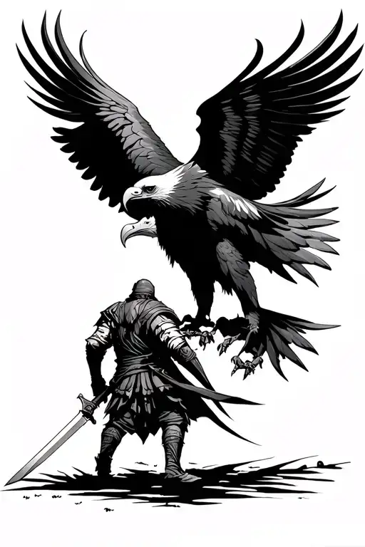 Lone Warrior Dragging His Sword Walking Towards A Large Eagle With Spread Wings