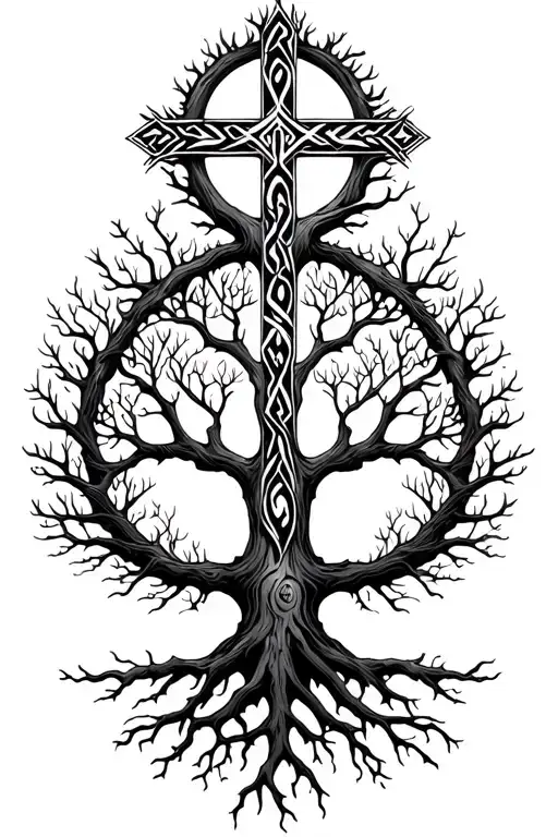 Nordic Tree Of Life With Branches Growing Around Christian Cross And Roots To Family Rune