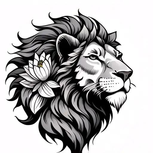 Profile Of Lions Head With A Lotus Intertwined In The Mane