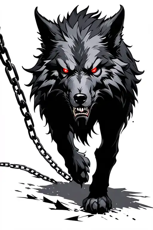 Angry Fenrir Glowing Red Eyes Black Walking Towards With Broken Chain
