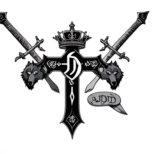 Cross With Crown And Philography And Swords And Banners Saying Ajd With Wolves