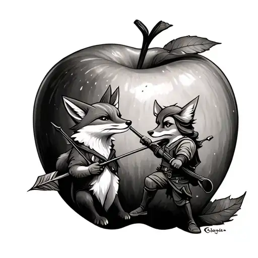 The Little Fox And The Archer With An Arrow Going Trough An Apple