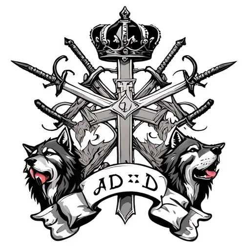 Cross With Crown And Philography And Swords And Banners Saying Ajd With Wolves