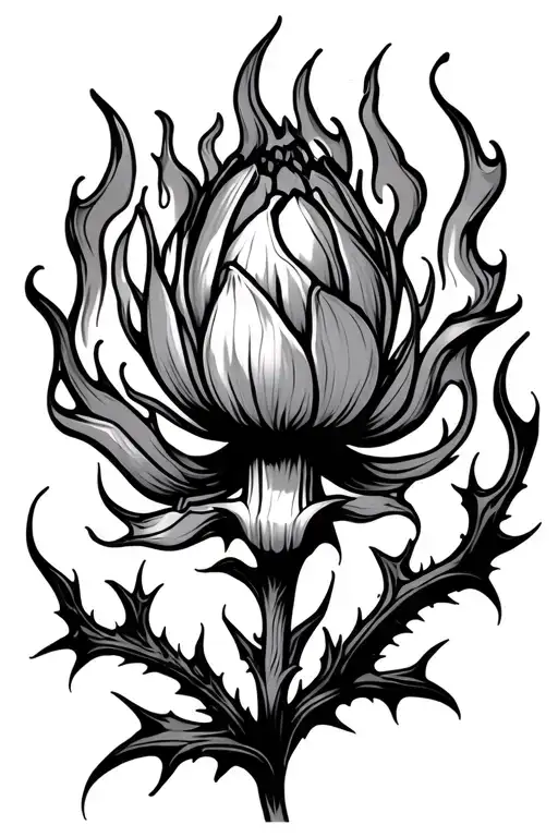 Flower Bud Surrounded By Flames With Thorny Vined Stem