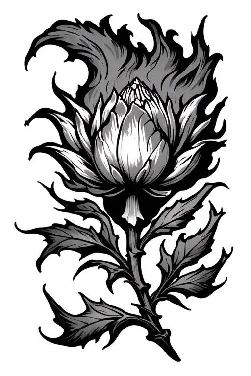 Flower Bud Surrounded By Sharp Flame Outlined With Thorn Ridden Vined Stem