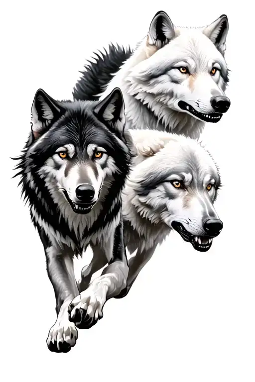 White And Black Wolves Running Alongside