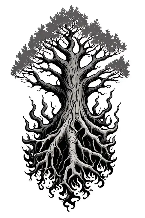 Tree Roots Spreading Down And Out With Traditional Style Flames Around The Bottom