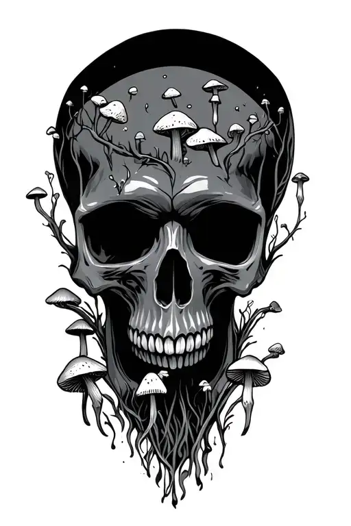 Skull With Mushrooms Growing Around It