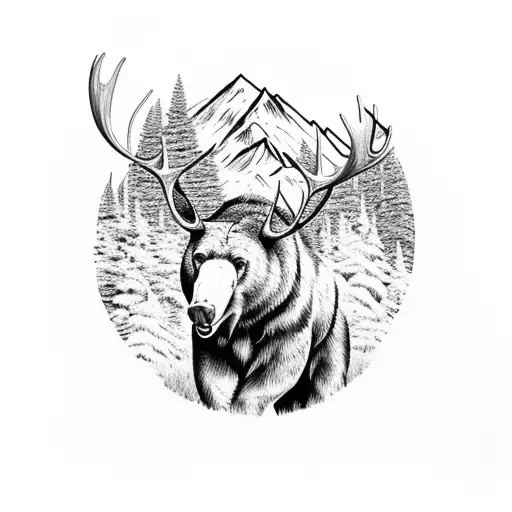 Mountain Scene With Moose Head Above A Bear Head