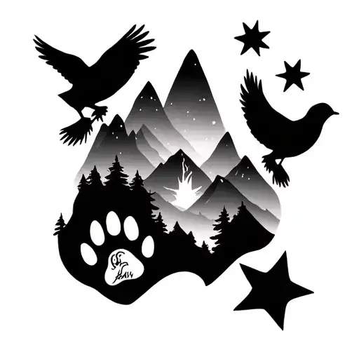 Mountians With 4 Birds And A Star And Have A Paw Print As Well But All Togather Not Psread Out