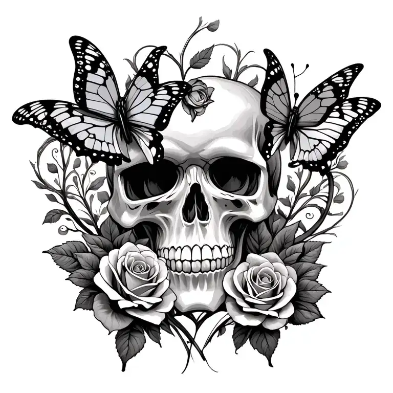 Skull Roses Butterfly Intertwined Hearts
