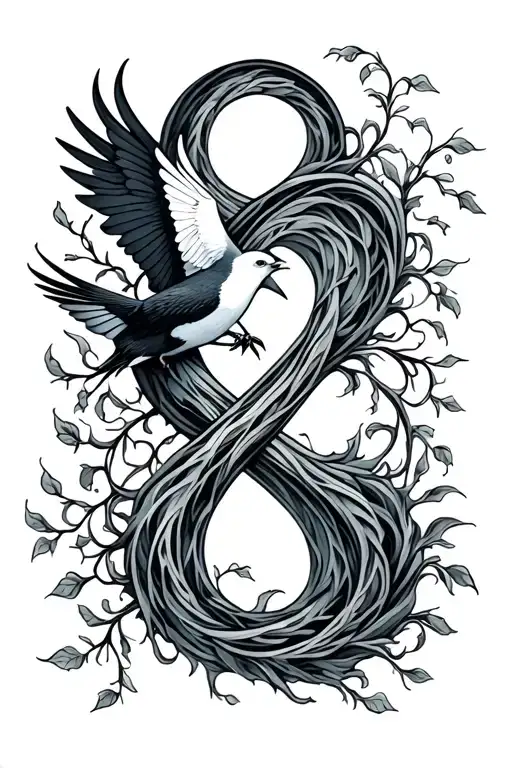Infinity Symbol With Bird Flying And Vines And Waves