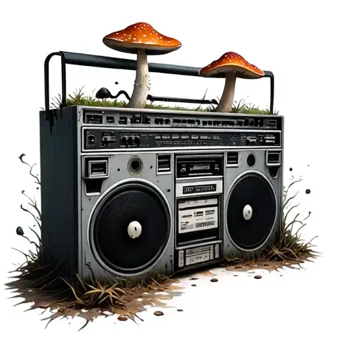 Hyperrealistic Decaying Boombox With Mushrooms