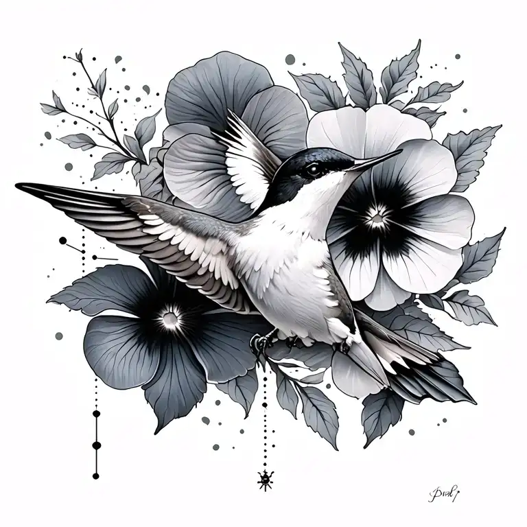 Humming Bird With Pansy Flowers With Constellation Going Down The Spine