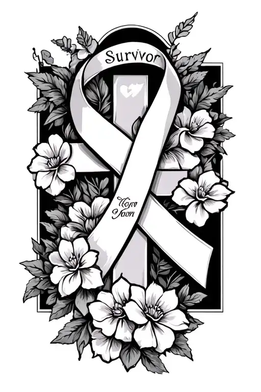 Breast Cancer Ribbon Wrapped Around Cross With Flowers And Survivor And Warrior