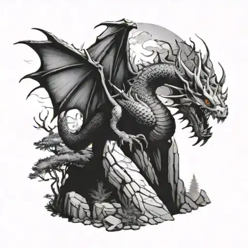 A Dragon Perched On A Rocky Cliff Overlooking A Mountain Forest