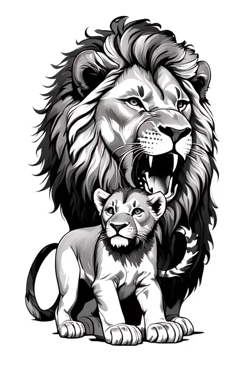 Roaring Lion Protecting Cub Lion