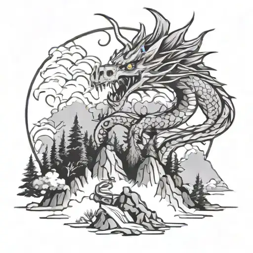 Dragon Wrapping Around A Mountain Forest Scene