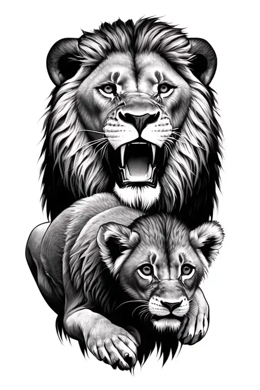 Roaring Lion Protecting Cub Lion