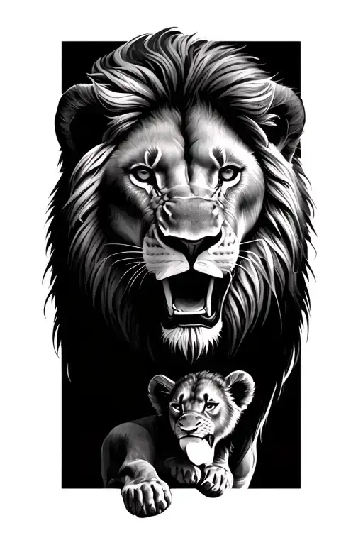 Roaring Lion Protecting Cub Lion