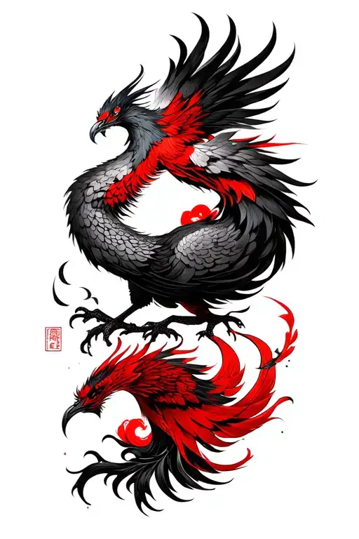 Black And Red Ink With Japanese Design And A Phoenix