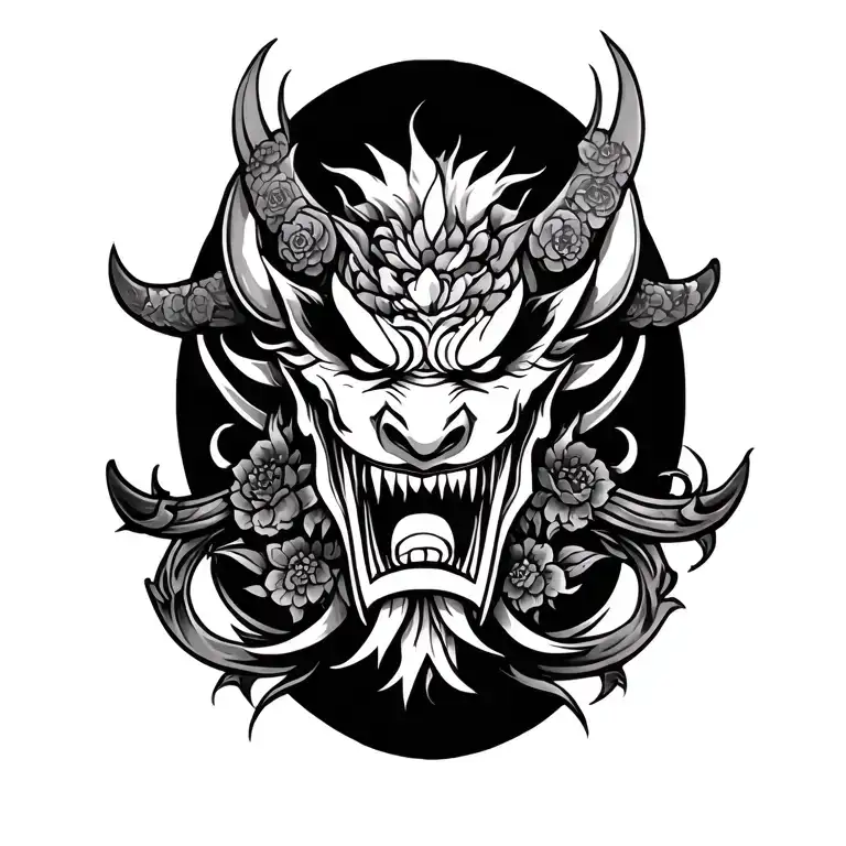 Japanese Oni Style Shoulder Tattoo Design Combining Elements