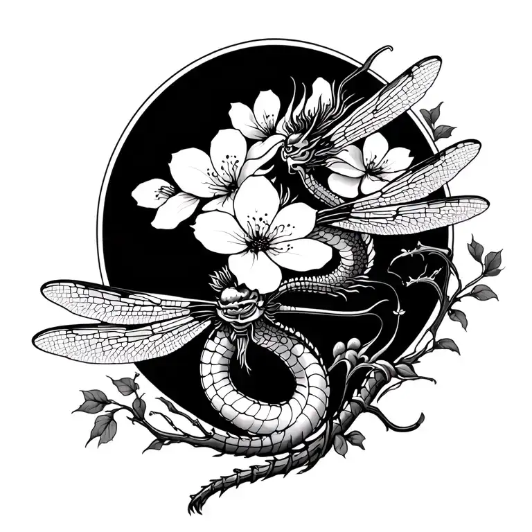 Japanese Dragon Fly Style Shoulder Tattoo With Cherry Blossom Design Combining Elements