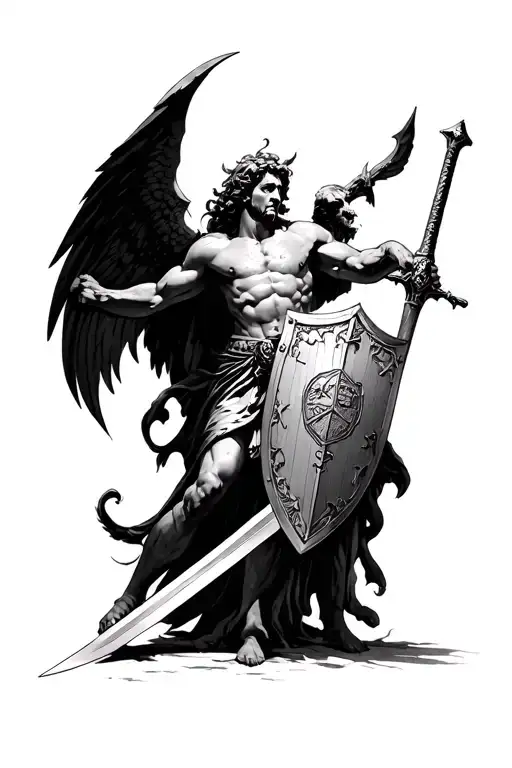 St Michael Holding Shield And Sword Defeating Demon