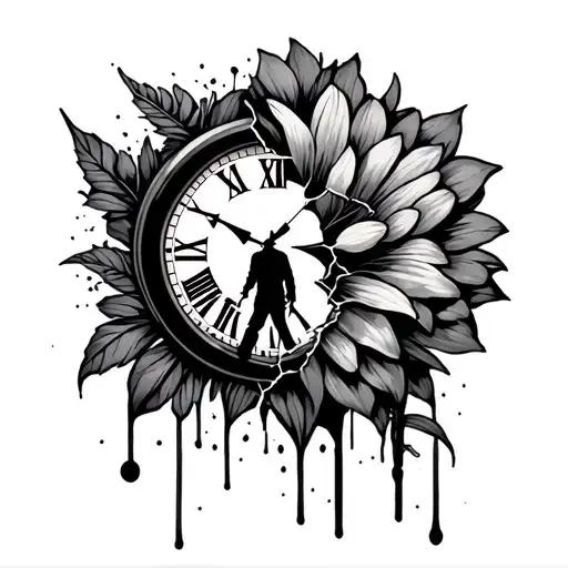 Broken Clock Face And Alone Man Walking And Dead Flower