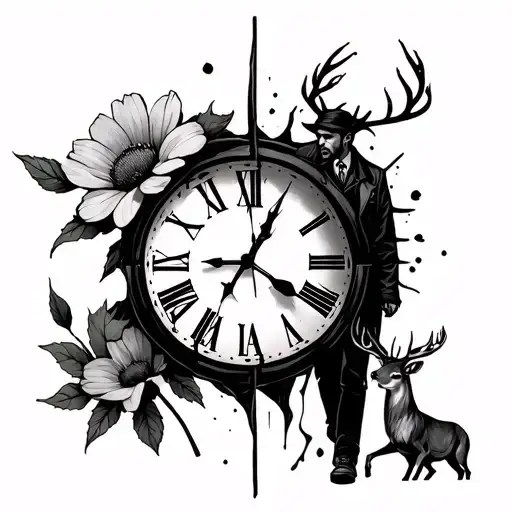 Broken Clock Face And Alone Man Walking And Dead Flower With Deer