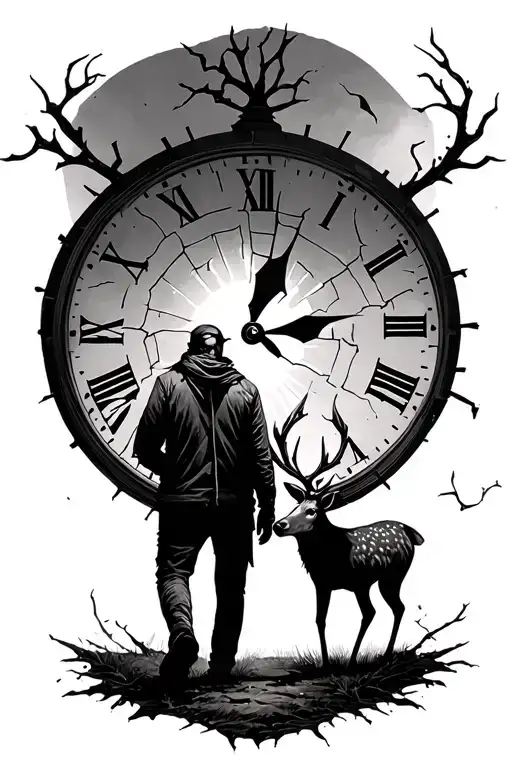 Broken Clock Face And Alone Man Walking And Dead With Deer