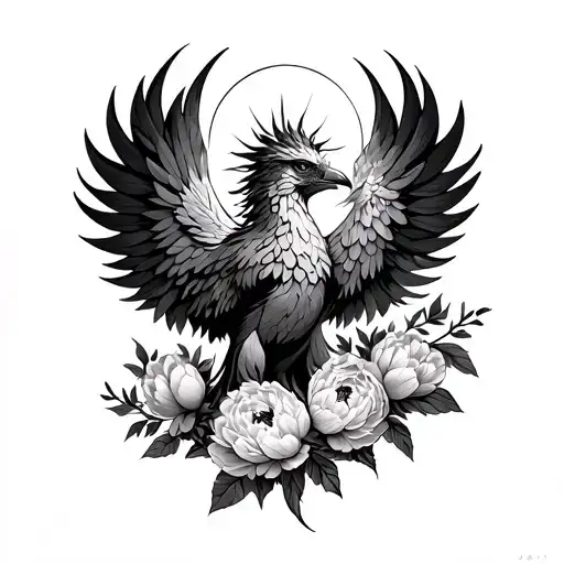 Phoenix With The Sun Above The Head And Peonies In The Tail