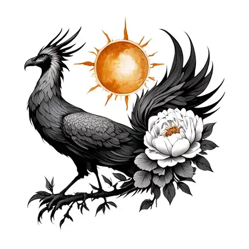 Phoenix With The Sun Above The Head And Peonies In The Tail In The Style Of Minimalism