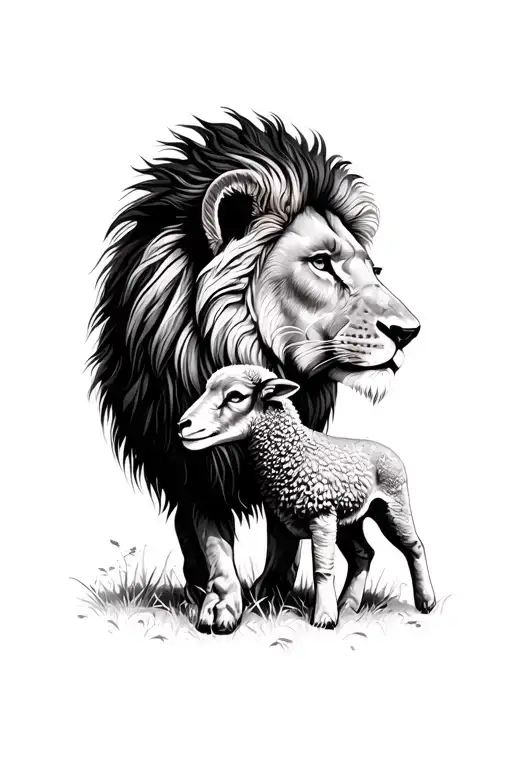 Lion And Lamb Standing Proudly Detailed Hairs Going