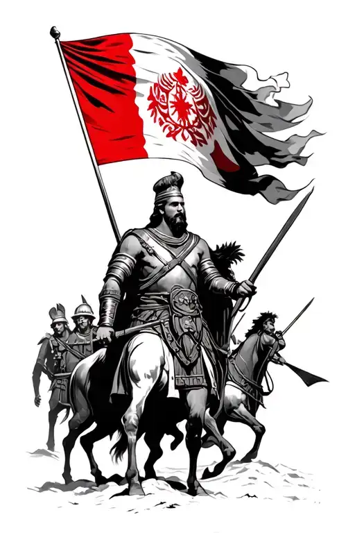 Skanderbeg And His Army With The Albanian Flag And Country