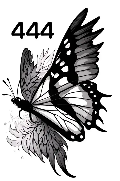 One Butterfly With 444 Number Above It With Angel Wings With Its Feathers Falling Off