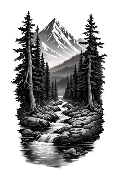 Forest With River Flowing And Mountain In Background