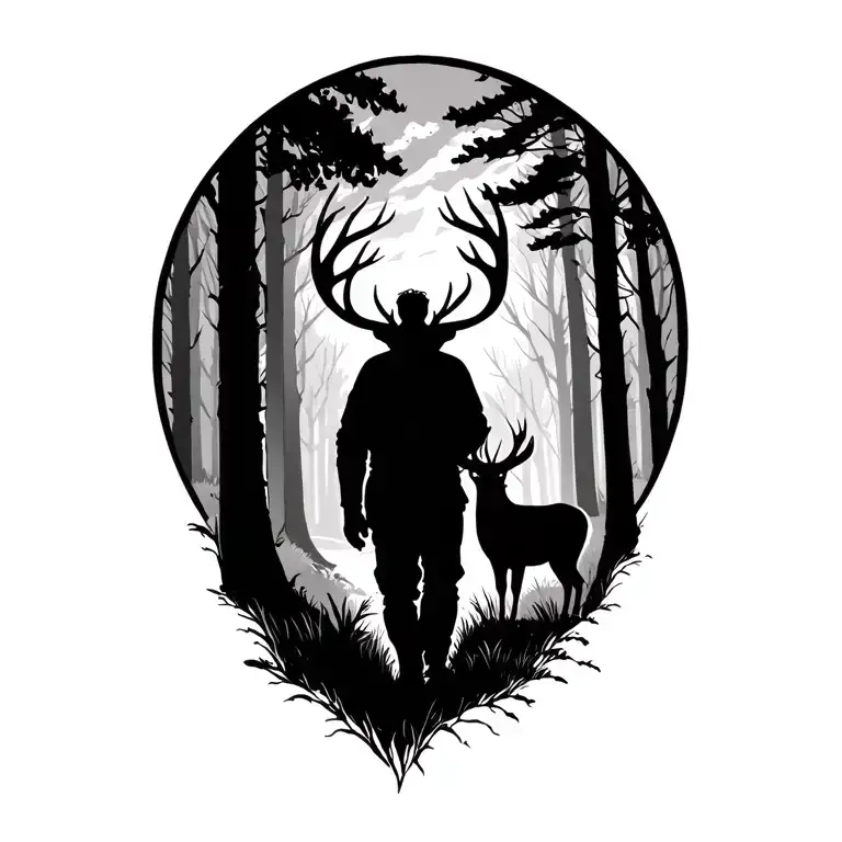 Old Man Silhouette Walking Off Into Woods With Buck In Bacground On Rear Shoulder
