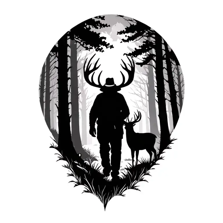 Old Man Silhouette Walking Off Into Woods With Buck In Bacground On Rear Shoulder