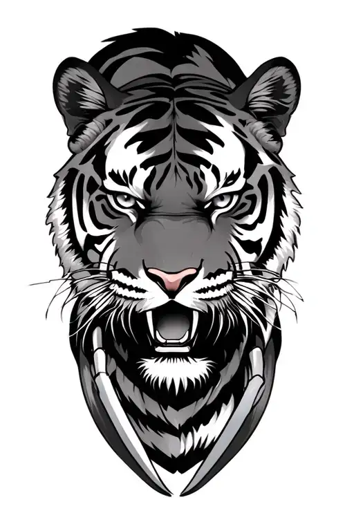 Japanese Tiger Head With Claw And Realistic Portrait