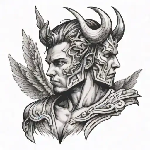 Muscular Boy With Wings Flying With Horns On Head