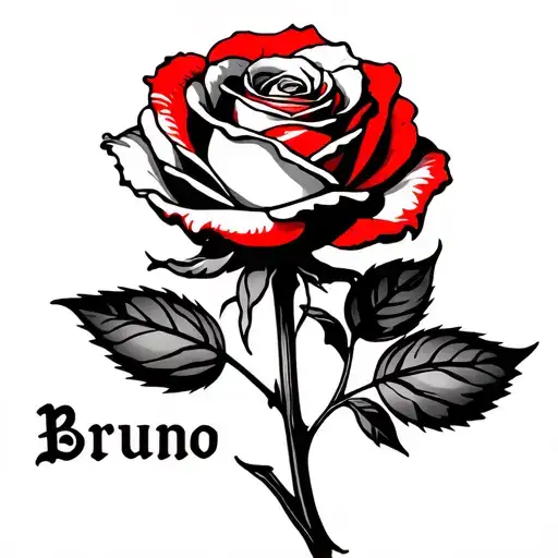 Red And Black Tattoo Long Stem Rose With The Name Bruno At Bottom